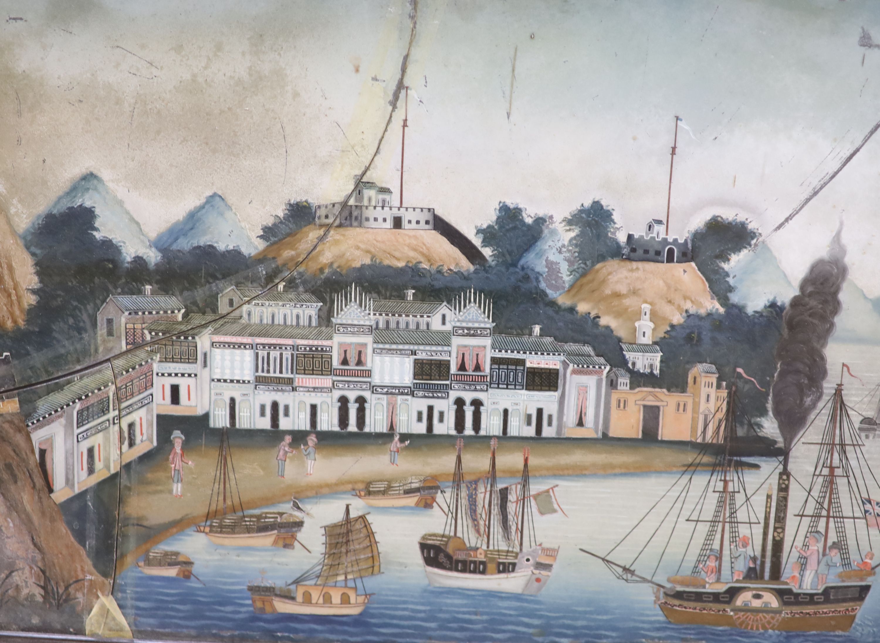 A Chinese reverse painting on glass of Macau harbour, mid 19th century, 34 x 49cm excluding frame